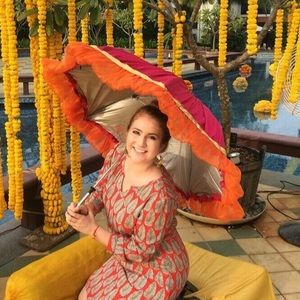 orange patterned 3/4 sleeve dress